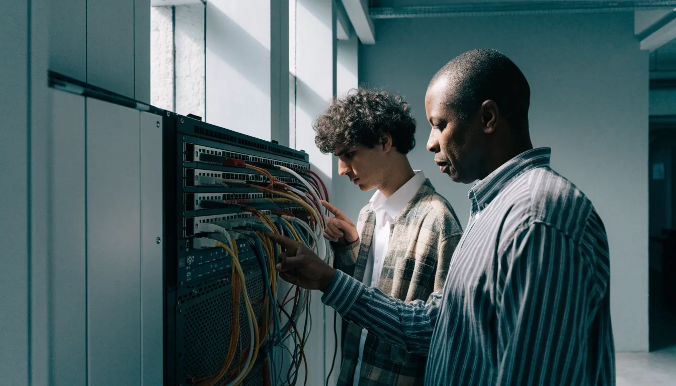 Two people working at a bench of workstations in a training lab under hard midday light