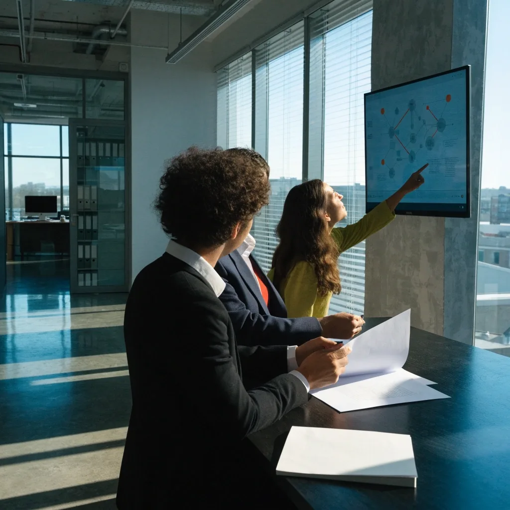 Two colleagues reviewing model output together on a large monitor in a daylight office