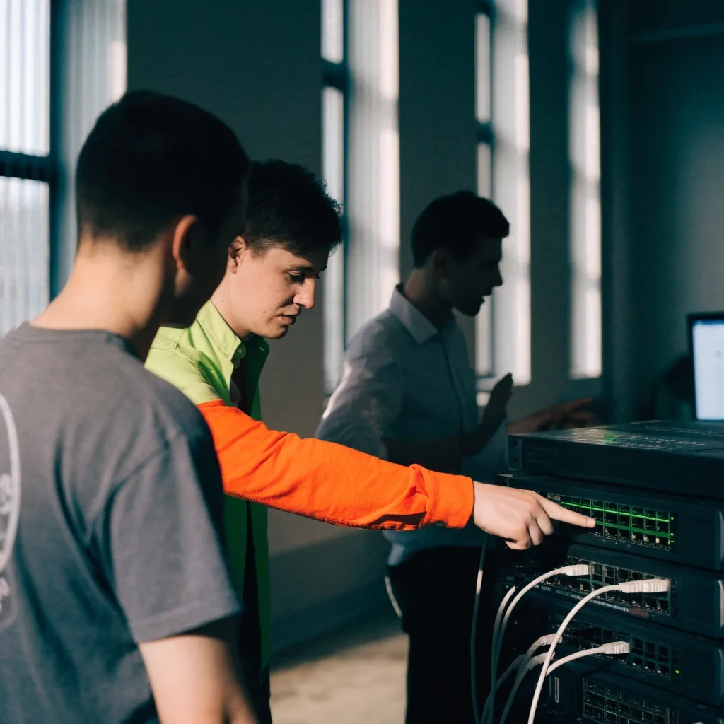 Instructor explaining a lab task to two learners at a bench