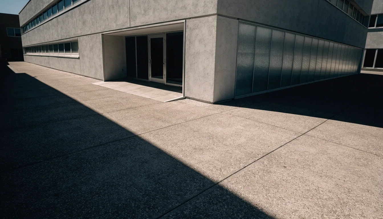 The Rob in Hood Digital office building exterior on a concrete plaza in hard midday light