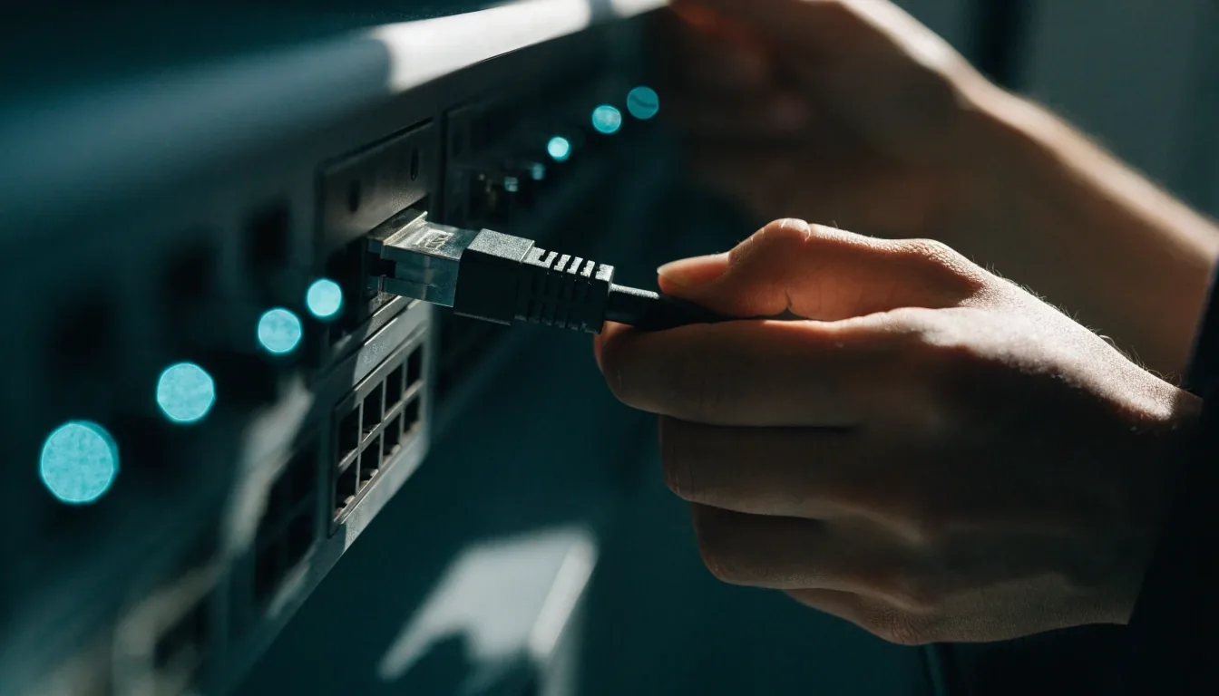 Hands plugging a patch cable into a switch port in a server room