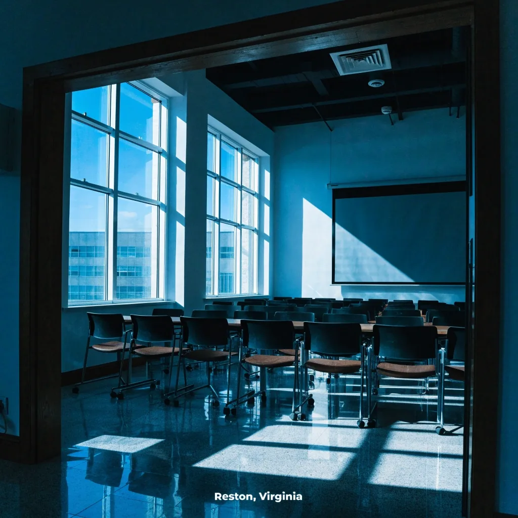 Empty training room seen from the doorway with hard noon light through tall windows